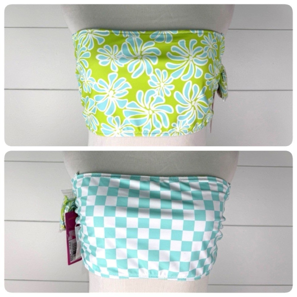 New Reversible Bandeau Tube Halter Bikini Swimsuit Top Jr XL 15 17 Floral Check